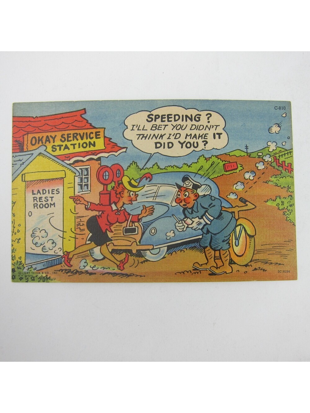 Linen Postcard Comic Police Officer Stop Speeding Car Lady in Restroom Vintage